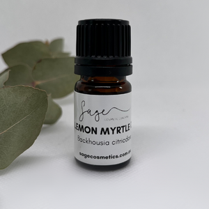 Small bottle of lemon myrtle essential oil, used in aromatherapy, natural skincare and as a natural fragrance.