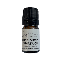 Bottle of Eucalyptus Radiata essential oil in an amber bottle with a black cap. 