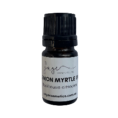 Bottle of lemon myrtle oil with a black cap on a white background